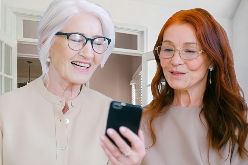 two older women stand next to each other while looking at a cell phone  