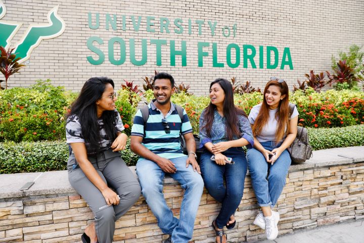 Four students sitting next to each other in from of a "University of South Florida" logo