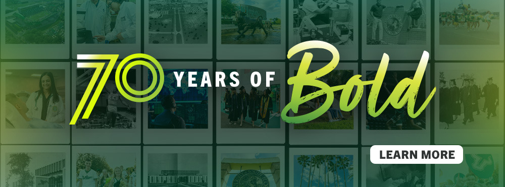 70 Years of Bold - Learn more with green tinited polaroid style photos of students, faculty and staff in background