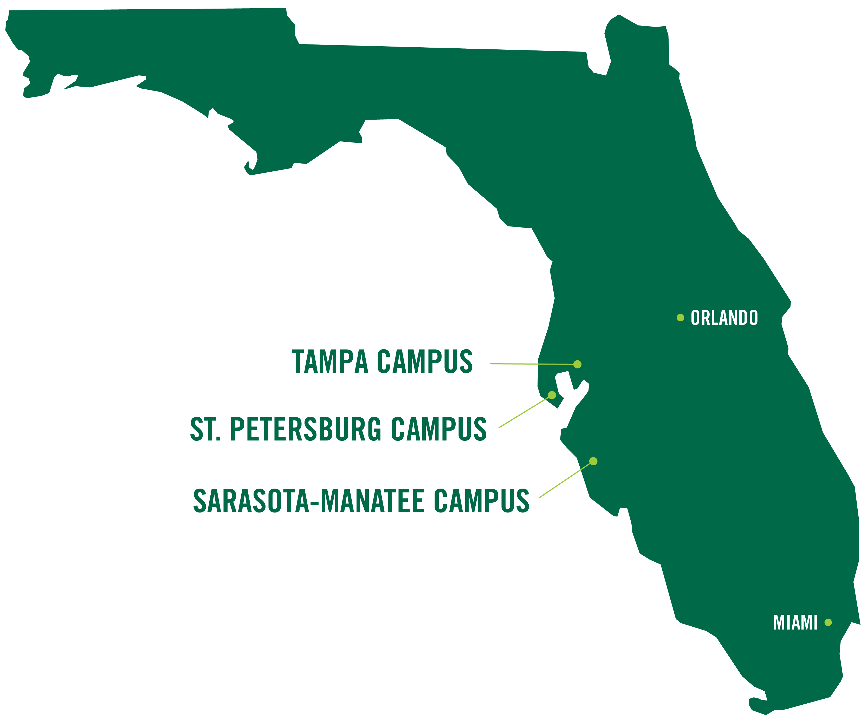A map highlighting USF's 3 campuses in the Tampa Bay area.