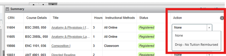 A screenshot of the withdraw process in student self-service.