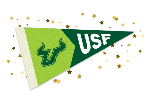Green and gold USF pennant featuring the bull logo and bold white “USF” text, accented with gold star confetti for a celebratory look.