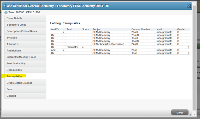 A screenshot from student self-service showing course prerequisite infromation.