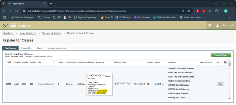 A screenshot of student self-service showing the start and end dates of a class.