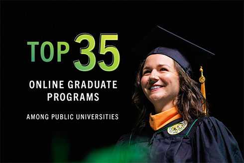 woman standing on stage at graduation smiling with words top 35 online graduate programs on top
