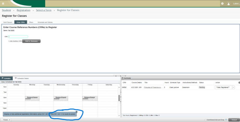A screenshot of student self-service showing the prompt the press Ctrl+Alt+C